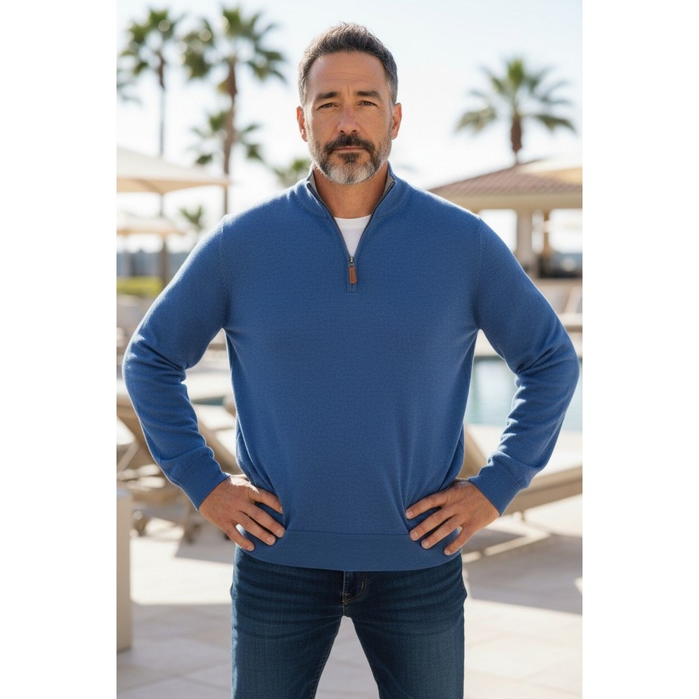 Peter Millar Crown Soft Mens‎ XXL Blue Cotton Silk Quarter Zip Sweater Pullover